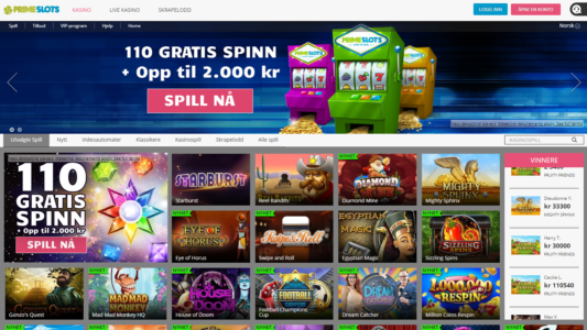 få gratisspinn og bonus hos prime slots casino