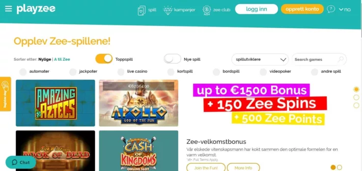 Skjermbilde Playzee Casino Spillutvalg