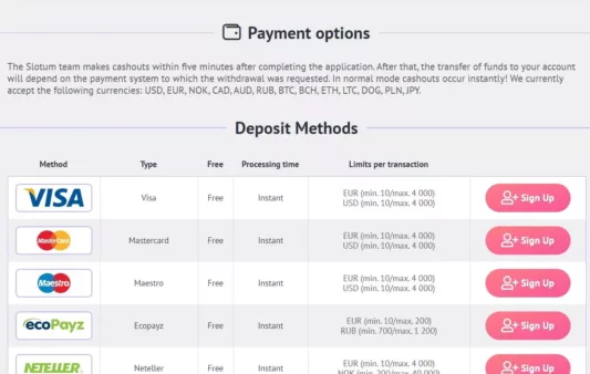 bra utvalg av betalingsmetoder hos slotum