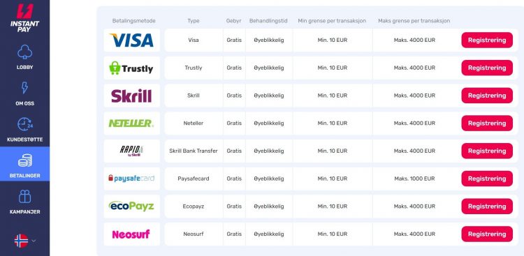 instantpay casino betalingsmetoder