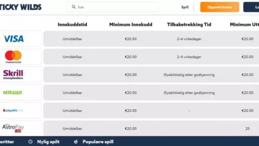 stickywilds Casino betalingsmetoder