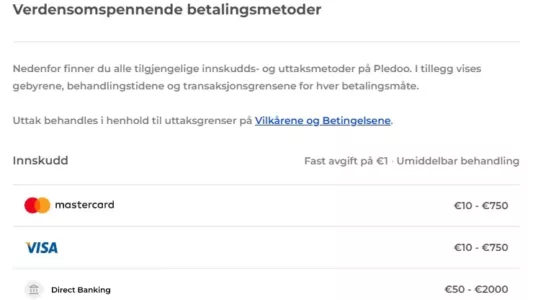 betalingsmetoder hos pledoo casino