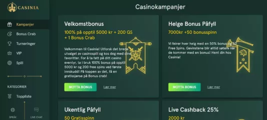 casinia casino bonuser og kampanjer